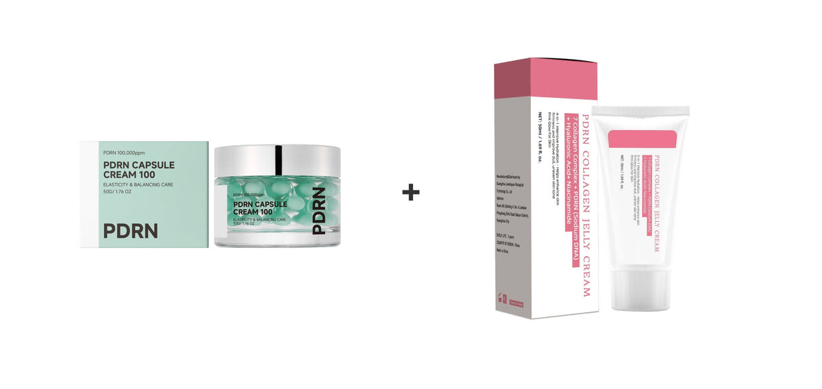 SELIA PDRN Duo Set skincare bundle: PDRN Elasticity Capsule Cream jar and PDRN Collagen Jelly Cream tube with their packaging boxes